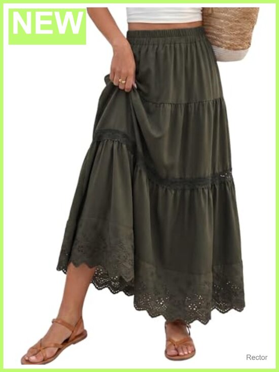 Dresses & Skirts - Boho Tiered Maxi Skirt Elastic High Waist A-Line Lace Eyelet Long Summer